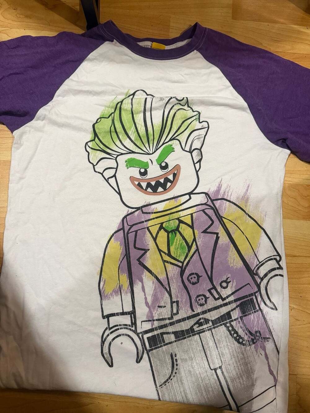Vintage Lego Batman Joker T-Shirt Size Medium White Purple Raglan